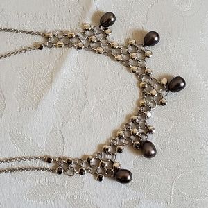 Beautiful 14K White Gold and Black Pearl Mesh Necklace